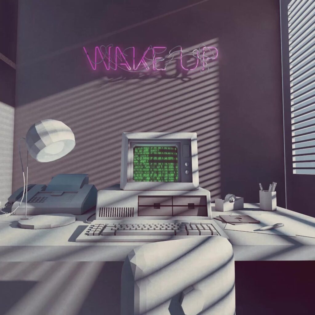 Wake Up Schild über altem PC